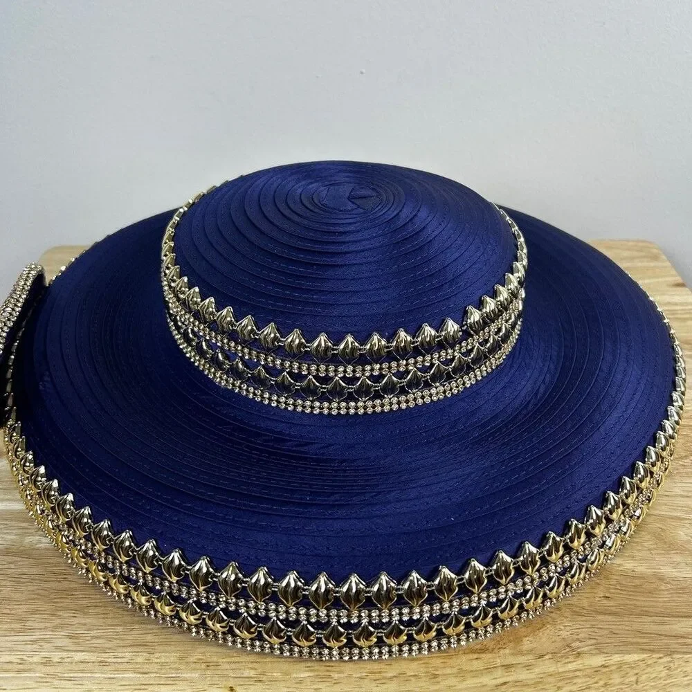 Lisa Rene Black Label Church Hat Navy Blue Wide Brim Rhinestone Butterfly Dressy